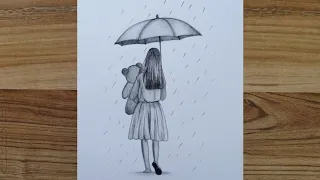 how to draw Girl with umbrella in the rain | step by step pencil drawing