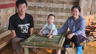 Disabled father makes a bamboo dining table. The girl picks vegetables to sell at the market.