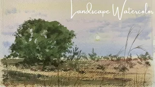 초보 수채화, 작은 달이 있는 풍경/Landscape with Moon/Watercolor painting