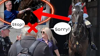 Lady Officer TELLS OFF Tourist NOT to do that as One Man Grabs and Pulls the REINS!