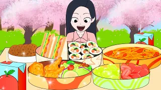 Bento Mukbang (Kimbap, Sandwich, Fried Chicken, Cookies) | Animation ASMR