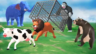 The Cow and Lion Story in English | Elephant, Gorilla and Bear Trap Lion in Cage & Save Cow Cartoon