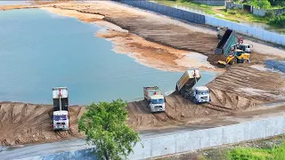 EP953,DumpTruck SHACMAN TRAGO SCANIA HYUNDAI Unloading Sand Filling Lake With Wheel Loader Push