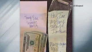 Woman finds $40 and joint taped to her scratched car with apology note