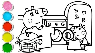 peppa pig and mummy peppa pig washing clothes👗👚👖 drawing and coloring for kids and toddlers