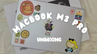 macbook m3 pro unboxing (14 inch silver) ✨accessories & DIY case with aesthetic stickers✨| myn_life_