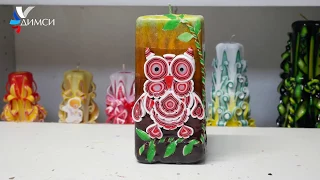 Exclusive carved candle KUB with a picture "Owl" from candle workshop DIMSI