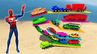 GTA 5 Spiderman MOD, Loading Rescue Cars, Jeep, Trucks, buses, Tanks Into Big Truck