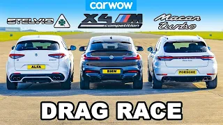 BMW X4M v Porsche Macan Turbo v Alfa Stelvio QV  DRAG RACE