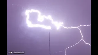 UPWARD lightning strikes tower repeatedly UP CLOSE in Nebraska!