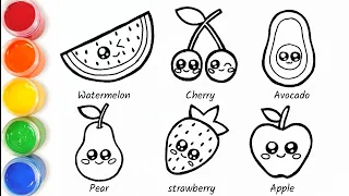 Fruits Drawing Painting Coloring for Kids | Apple, Strawberry, Avocado, Cherry, Pear, Watermelon