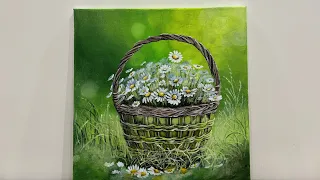 White Daisies -in - Flower Basket   || Step -by - Step Acrylic Painting
