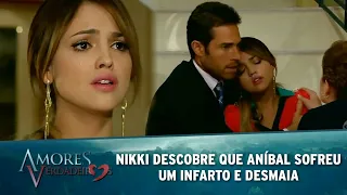 Amores Verdadeiros - Nikki descobre que Aníbal sofreu um infarto e desmaia no colo de Gusmão