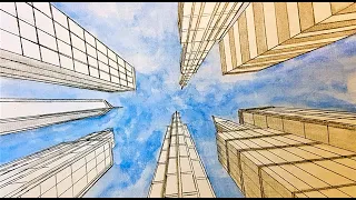 How to draw a city buildings in one point perspective. Worm's eye view.