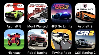 Asphalt 8, Most Wanted, NFS No Limits, Asphalt 9, Highway, Rebel Racing, Towing Race...