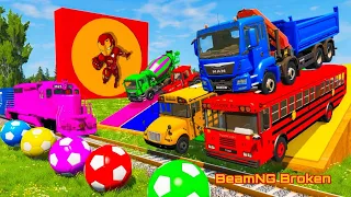 Double Flatbed Trailer Truck rescue Bus - Cars Racing - Big & Small Cars Transportation with Bus