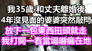 我35歲，和丈夫離婚後，4年沒見面的婆婆突然敲門，放下一包東西扭頭就走，我打開一看當場嚇癱在地#淺談人生#為人處世#生活經驗#情感故事#養老#退休#花開富貴#深夜淺讀#幸福人生#中老年頻道