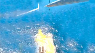 A Mi-35 helicopter attacks a Ukrainian MAGURA naval drone with a GSh-23 cannon