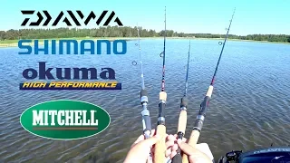 ТЕСТ СПИННИНГОВ SHIMANO OKUMA DAIWA MITCHELL ! ДАЛЬНОСТЬ ЗАБРОСА ! КАКОЙ ВЫБРАТЬ СПИННИНГ !