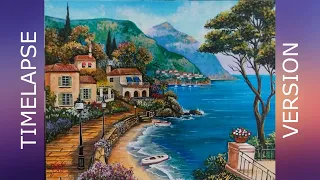 Mediterranean Italian Resort Beach Painting | Manarola Village Painting Timelapse Acrylic Painting