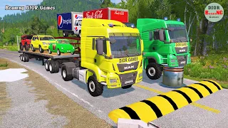 Double Flatbed Trailer Truck cars vs rails tractor vs train cars vs bollards Beamng Drive 617