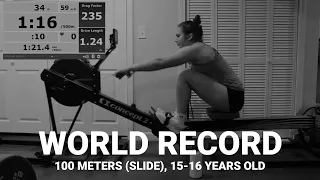 Sophia Korbani WORLD RECORD (15-16) 100 METERS Concept2 Indoor Rowing Machine on Slides