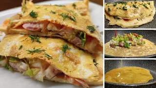 Super breakfast - omelet with sausages, salad and cheese. Simple and quick recipe