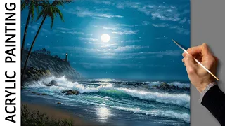 Acrylic Landscape Painting - Full Moon Sea / Relaxing Art / Морской пейзаж. Уроки рисования Живопись