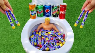 Experiment !! Stretch Armstrong VS Cola, Pepsi, Fanta, Mtn Dew, Fruko and Rainbow Mentos in Toilet