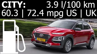 Hyundai Kona Hybrid city fuel consumption economy real-life test 2020 2021 mpg l/100 km : [1001cars]