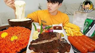 ASMR MUKBANG | T-bone steak, fire noodle, cheese fondue, sausage recipe ! eating