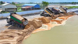 EP920,,DumpTruck SHACMAN Transport Sand And Rock Fiiling In Lake With Bulldozer SHANTUI Push