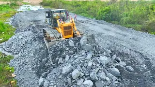 Exceptional New Project Skillful Operator Komatsu D60P Dozer Push Rock Into Water Making Path Truck