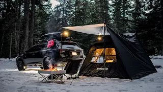 Blackdog Instant Tent Camping Trip in Winter Snow with Pepper Subaru Outback Wilderness