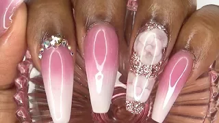 Acrylic Nails Tutorial - How To Encapsuated Nails with Nail Tips - Rose Pink Ombre  Acrylic Nails