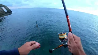 Pêche du bar au leurre depuis la côte .1 leurre de surface ,1 leurre souple,1 h de pêche