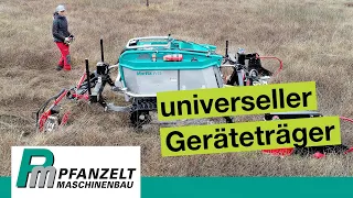 Funkraupe Moritz | der universelle Geräteträger mit  Doppelmessermähwerk an Front und Heck