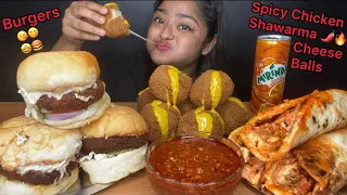 SPICY CHICKEN SHAWARMA, MOZZARELLA CHEESE BALLS, CHICKEN BURGER AND ALOO TIKKI BURGER 🍔 EATING SHOW