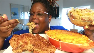 SOUL FOOD: FRIED PORK CHOPS MAC N CHEESE CABBAGE COOKING AND EATING