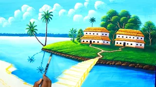 How to paint a beautiful village | Indian village scenery painting | painting 506