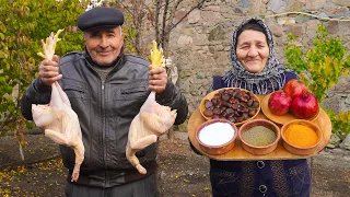 AZERBAIJAN Village: Roasted Chicken with Pomegranate and Chestnut in a Pot, Delicious Village Food