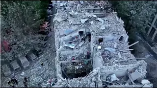 Drone footage shows scale of destruction after Russian missile strikes apartment block in Lviv