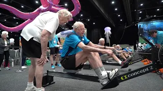 93-year-old Vince Home rowing for gold in indoor rowing at the Pan Pacific Masters Games