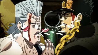 ジョジョ-Polnareff accidentally shot a stream of white water in Jotaro's face causing Jotaro to freeze