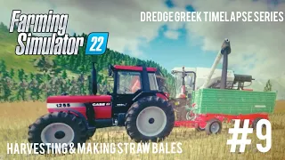 FS22 Dredge greek #9, harvesting & making straw bales. (timelapse)
