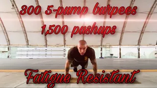 Fatigue Resistant routine, 300 5-pump burpees (1,500 pushups). Welcome to Rep City.