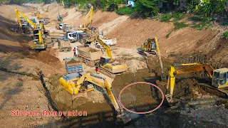 Excellent stream renovation with many differ machines, Komatsu bulldozer & excavator, Zoomlion