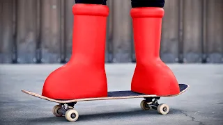 Skateboarding in BIG RED BOOTS!