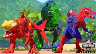 King Shark Iron-Man vs Spiderman, Hulk, Batman, Godzilla Dinosaus Fight Jurassic World Evolution