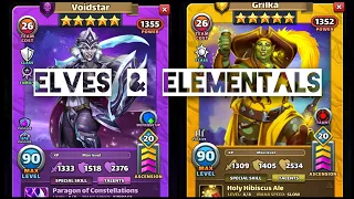 Empires & Puzzles Voidstar & Grilka Insane Defenders! Opposing elements cut from the same cloth 💜💛🤩